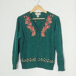 Margules Green Pink Red Embroidered Roses Cotton Blend V-Neck Button Up Cardigan
